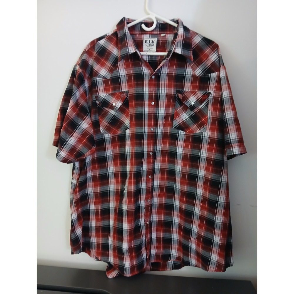 Ely Cattleman Mens 3XL Tall Red Plaid Short Sleeve Western Pearl Snap Shirt Flaw